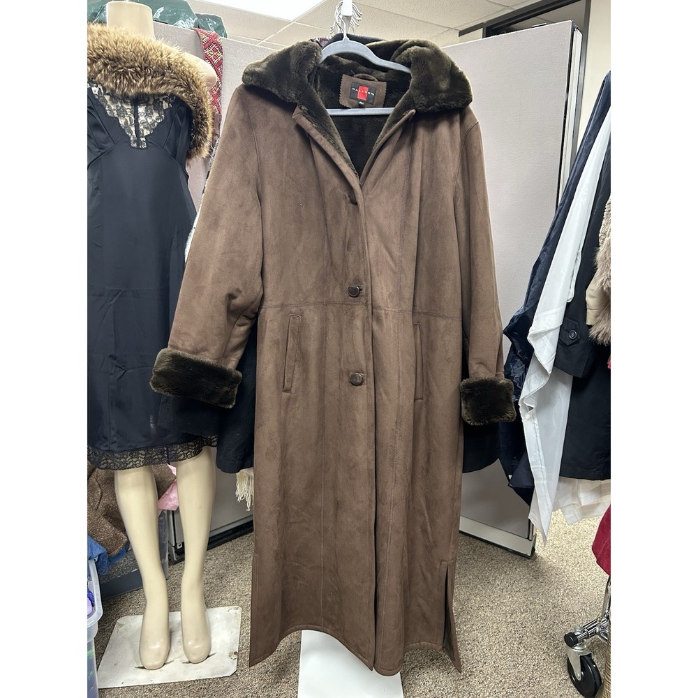 Vintage GALLERY Faux Suede Coat Women's Size L Heavy Faux Fur Penny Lane hooded